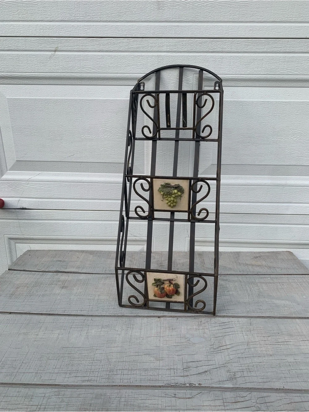Vintage Wrought Iron Wall Rack 3 Tier Shelf Fruit Tile Mail Magazine Organizer